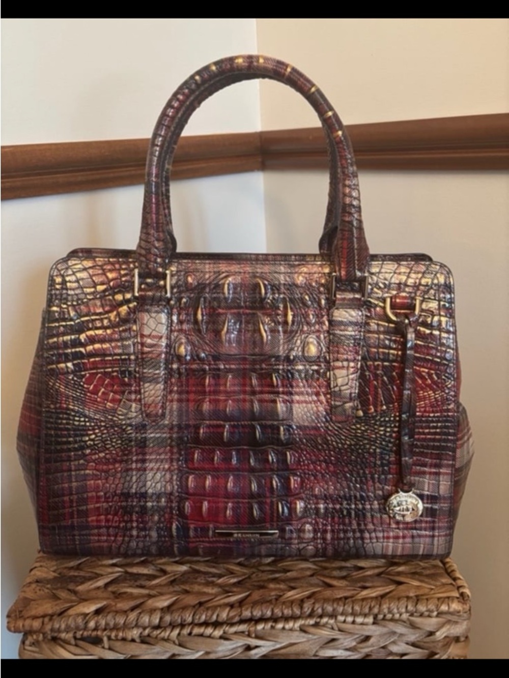 Brahmin Iridescent Maroon Croc-Embossed Satchel